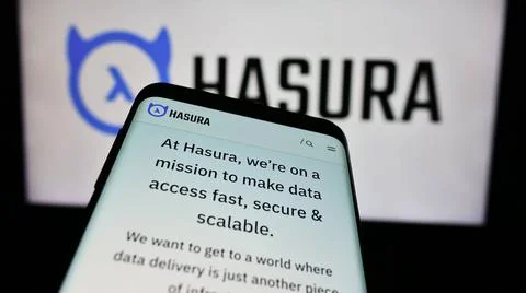 Smartphone with website of US software development company Hasura Inc. in ... Foto stock
