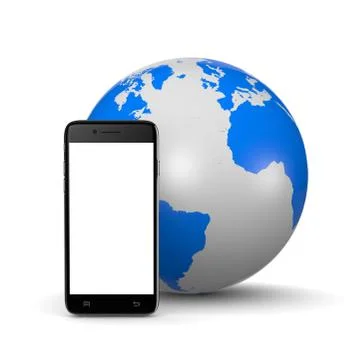 Smartphone with White Blank Display ahead of the World on White Background 3D Ilustración de archivo