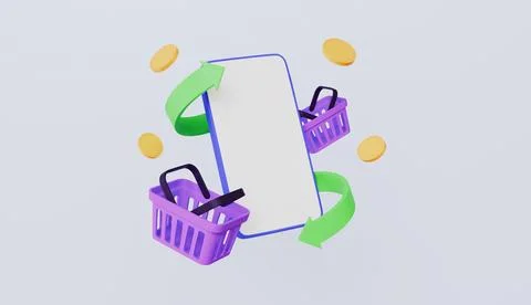 Smartphone with white empty display, basket with coins, cashback and refund Stock Illustration