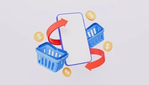 Smartphone with white empty display, shopping mobile app, basket with coins Stock Illustration