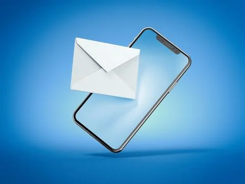 Smartphone with white envelope isolated on blue background. 3d rendering 库存插图