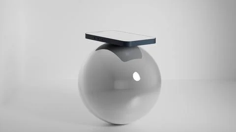 Smartphone with white screen on glossy gray ball in minimalist interior, mo.. 스톡 일러스트