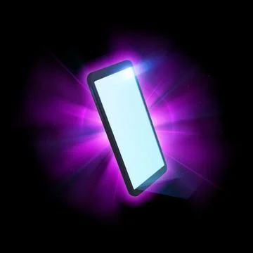 Smartphone with white screen in glow neon purple light, realistic mobile phone Stock Illustration
