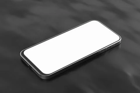 A smartphone with a white screen lies on a dark table. Smartphone mockup with Stock Illustration