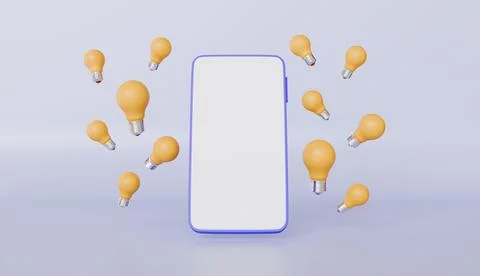 Smartphone white screen surrounded and yellow light bulbs float on floor Stock Illustration