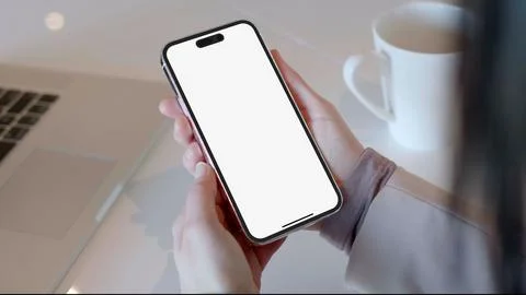 Smartphone White Screen Template Close Up, Hand Hold Coffee Table Remote Work Stock Photos