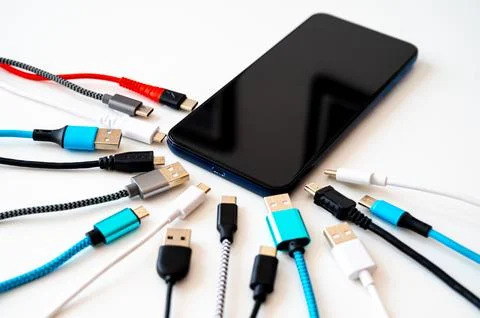 Smartphones, and USB cables. Stock Photos