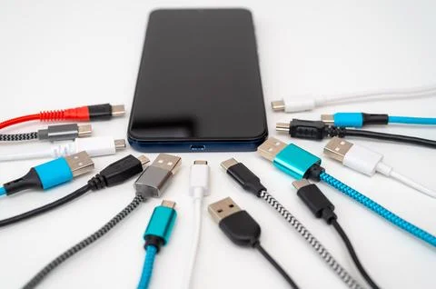 Smartphones, and USB cables. Stock Photos