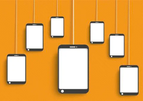 Smartphones dangling on orange background, vector graphics Stock Photos