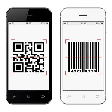Smartphones with QR and bar code on screen isolated on white background. Vect Stock Illustration