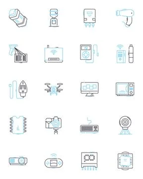 Smartphs linear icons set. Mobile, Device, Touchscreen, Wireless, Apps, Camera Stock Illustration