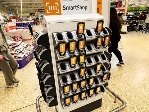 SmartShop self check display with multiple handheld devices in Manchester U.. Stock Photos