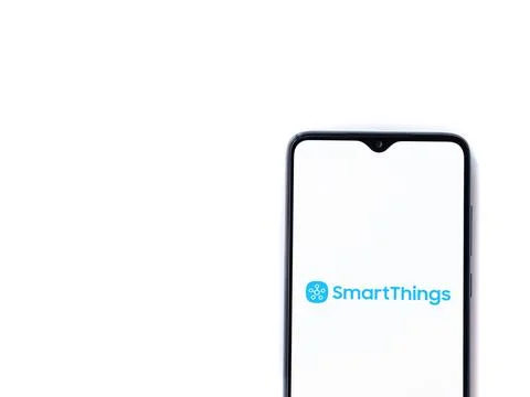 Smartthings app launch screen on smartphone on white background Stock Photos