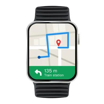 Smartwatch displaying gps navigation map interface with route path and Stock Illustration
