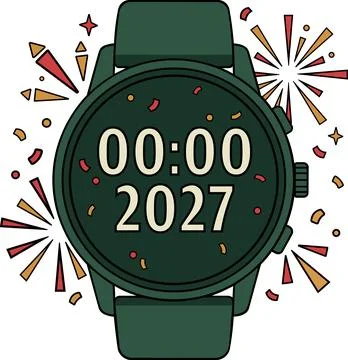 Smartwatch displaying midnight countdown to 2027 year Illustrazione stock