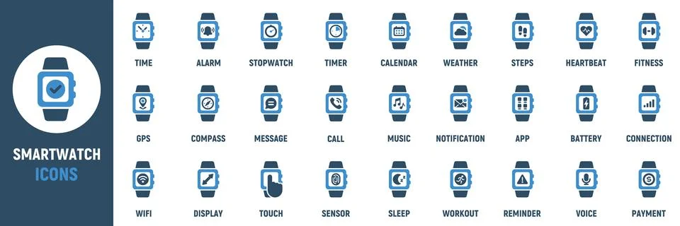 Smartwatch icon set. Containing time, alarm, heartbeat 스톡 일러스트