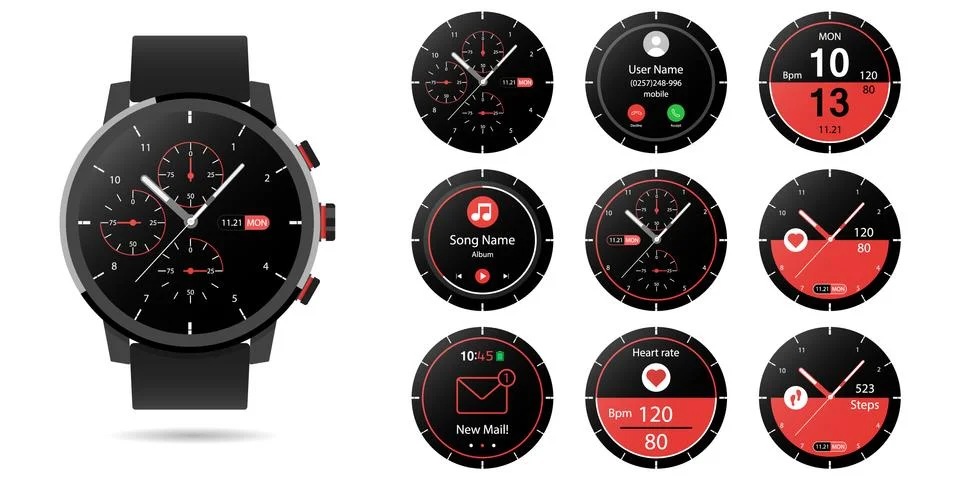 Smartwatch With Multiple smart watch clock faces design to customize Vector Stock Illustration
