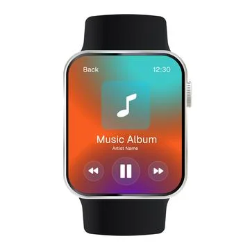 Smartwatch music player interface with playback controls on colorful Stock Illustration
