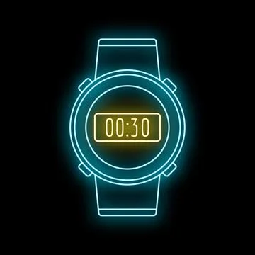 Smartwatch neon icon displaying countdown thirty seconds Illustrazione stock