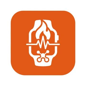 Smartwatch orange icon with flame pulse and molecule symbol. Stock Illustration
