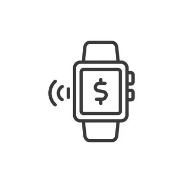 Smartwatch paying, icon in line design. Smart, watch, paying, payment, wearable Stock Illustration