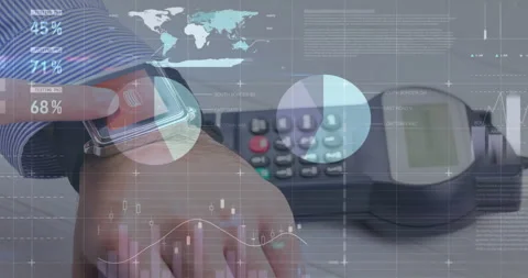 Smartwatch tapping terminal initiating payment process while overlays animating Stock Footage 313639275