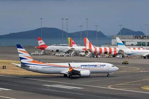Smartwings Boeing 737 MAX 8 passenger plane taxi on runway in Cristiano Ronaldo Stock Photos