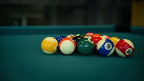 Smash the billiard pyramid of collared balls. Snooker player kicks the ball i Stock Footage 203855185