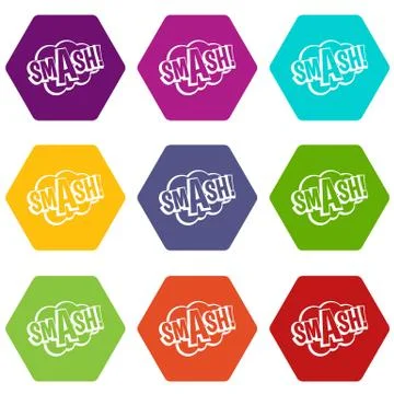 SMASH, comic book bubble text icon set color hexahedron Stock Illustration