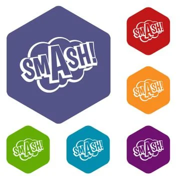 SMASH, comic book bubble text icons set hexagon Stock Illustration