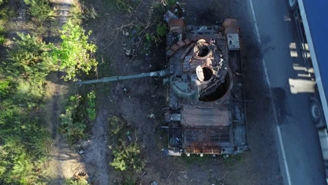 Smashed and burned russian tank Stock Footage 213630936