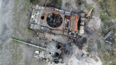 Smashed and burned russian tanks. War in Ukraine. Stock Footage 194688140