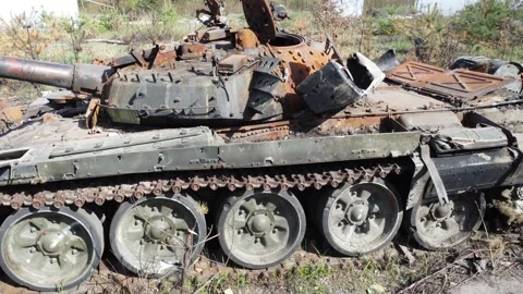 Smashed and burned russian tanks. Burned tank. Stock Footage 194691925