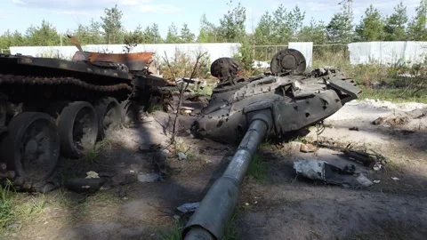 Smashed and burned russian tanks. Tank tower. Stock Footage 194691926