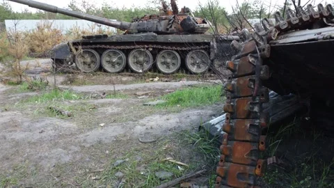 Smashed and burned russian tanks. Burned tank. Stock Footage 194692049