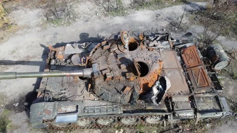 Smashed and burned russian tanks. Stock Footage 194692087