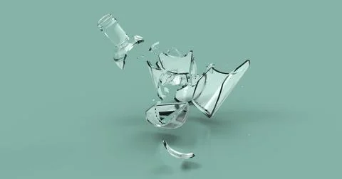 Smashed broken glass soda beer empty bottle. Transparent white color shards. Stock Illustration