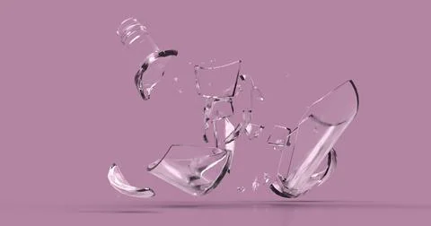 Smashed broken glass soda beer empty bottle. Transparent white color shards. Stock Illustration