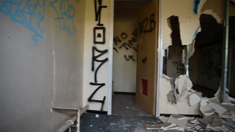 Smashed Broken Walls Within An Abandoned Derelict Building Stock-Footage 113814757