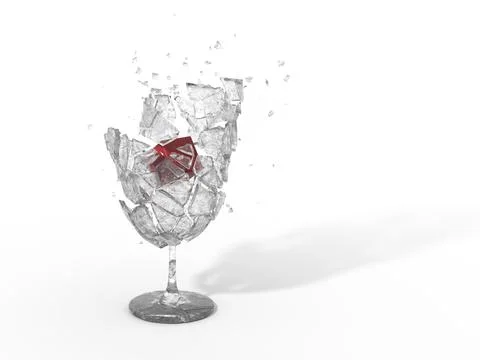 Smashed broken wine soda champagne vodka glass with floating red wine cube in it Stock Illustration
