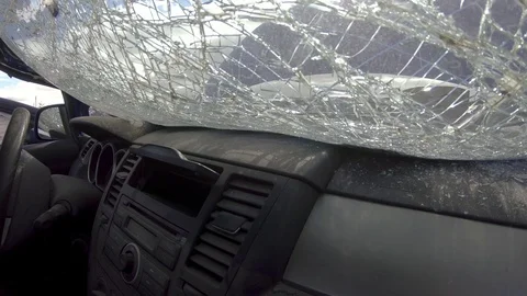 Smashed Cracked Car Windshield Window Closeup Stock Footage 96404900