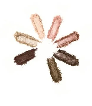A smashed, neutral toned eyeshadow make up palette isolated on a white Stock Photos