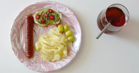 Smashed Potatoes with sausage and Coca Cola. Lunch at a cafe on the highway Stock Footage 236499510