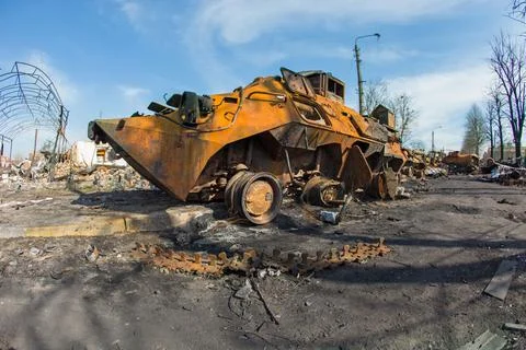 Smashed russian tank column. Burned tanks. War in Ukraine. Stock Photos