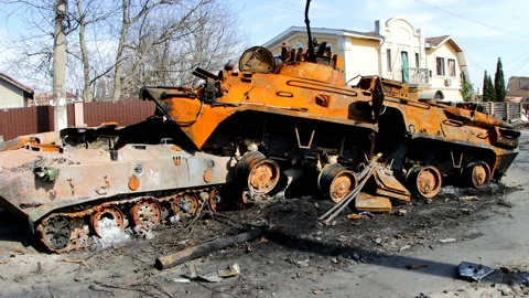 Smashed russian tanks. Burned tanks. War in Ukraine. Stock Footage 176571370