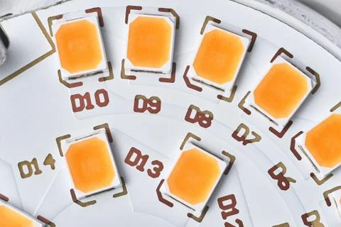SMD LEDs on PCB board. macro photography of LED bulb elements Stock Photos