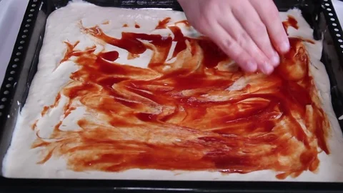 Smearing Ketchup, Preparing Pizza Stock Footage 77639400