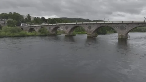 Smeaton's Bridge, historic arch bridge over the River Tay, drone shot, Perth, Stock Footage 285091660