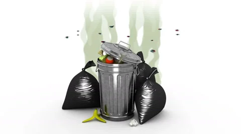 Smelly garbage bin and garbage bags. 3D animation. Alpha channel, loopable. Stock Footage 50140334