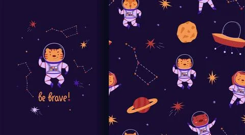 Smic seamless pattern and poster. Cute animals astronauts, alien ships and pl Stock Illustration